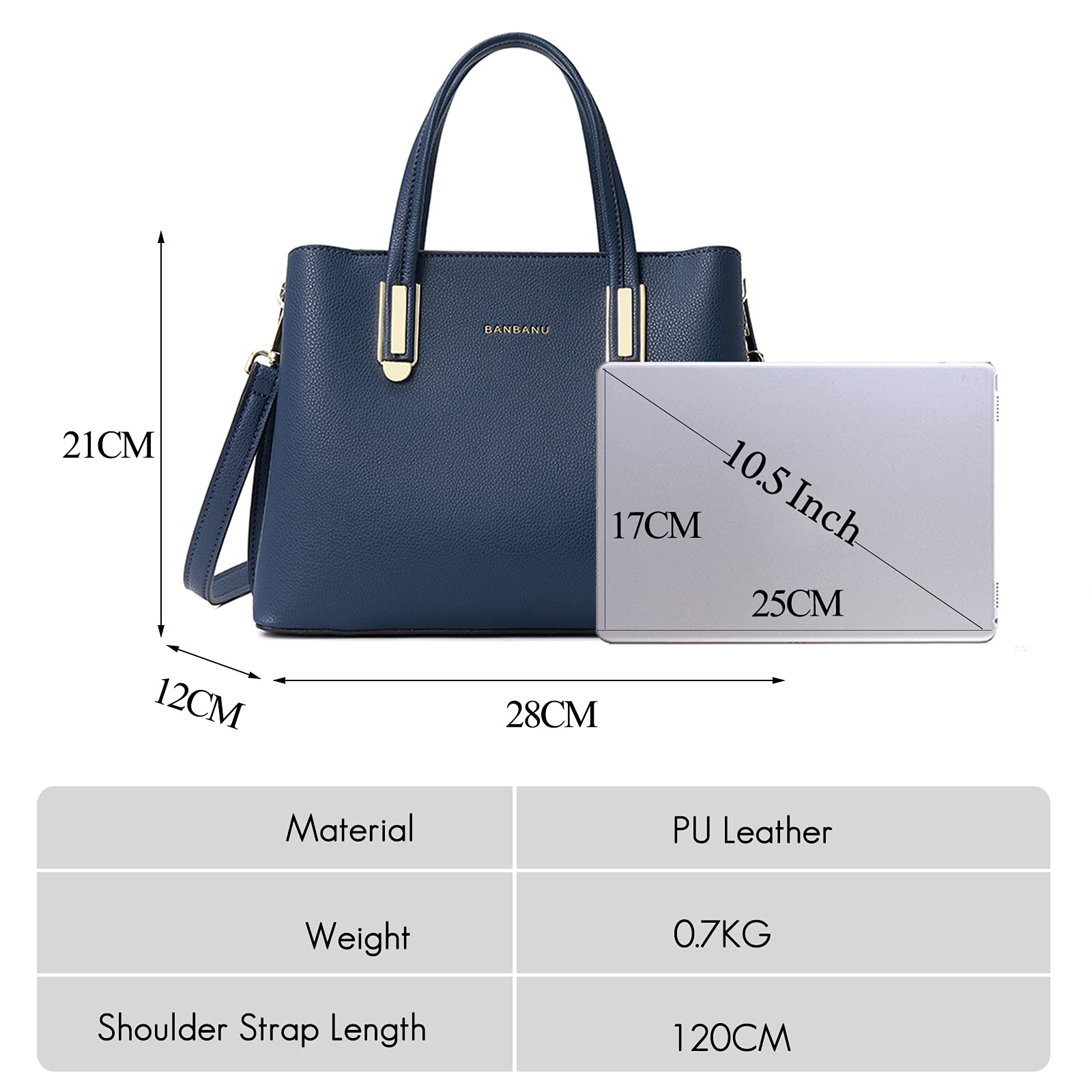 FANDARE Elegante Bolso de Mano Bolsos Cabas Mujer Bolso Bandoleras Cuero PU Impermeable Llevados Hombro Bolso De Hombro Gran Capacidad Compras Escuela Viaje, azul, large, Elegante