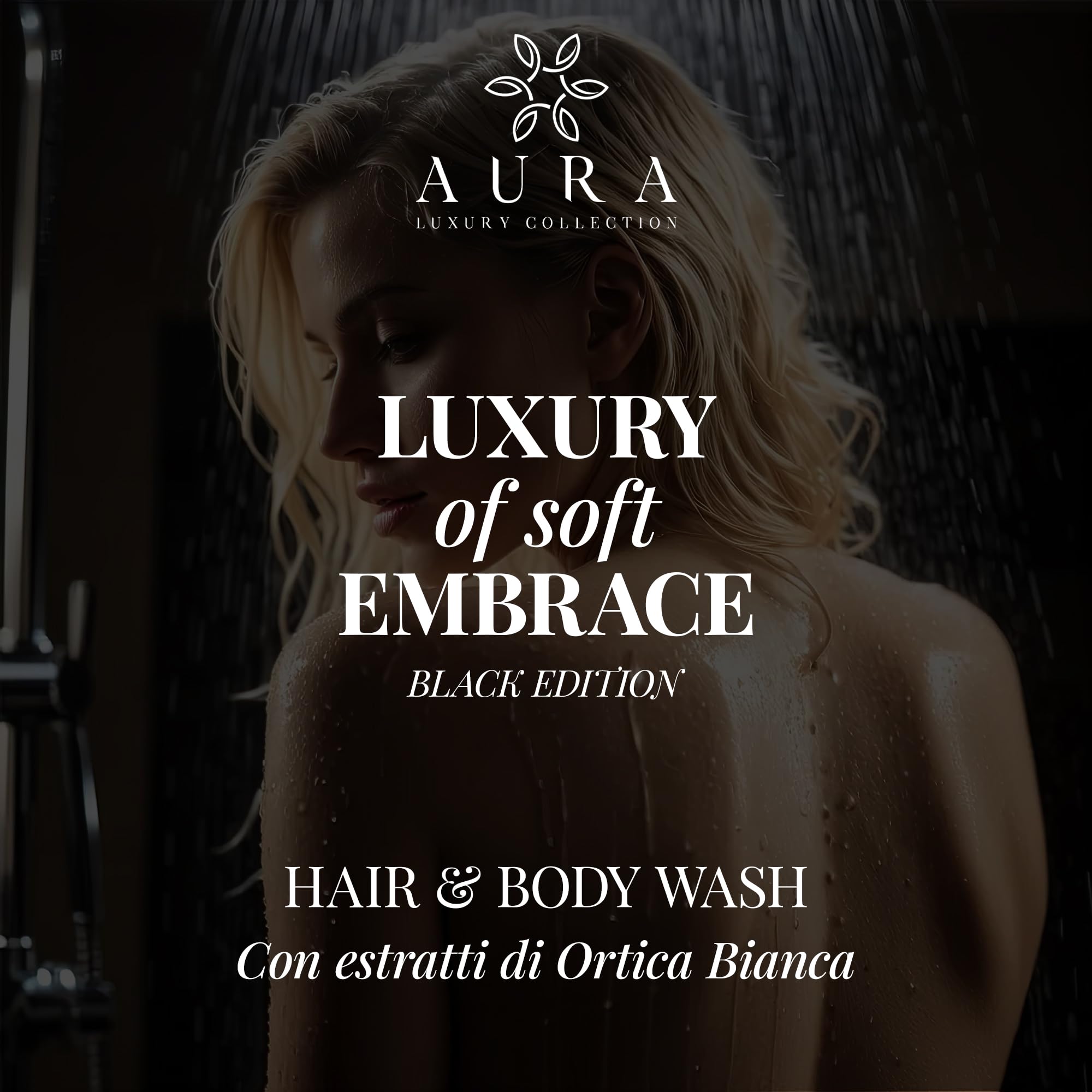 Aura Luxury Collection Black Edition Zestaw 100 saszetek ze stojakiem na prysznic 30 ml z korkiem z organicznymi ekstraktami z białej pokrzywy - zestaw kosmetyków do kąpieli hotelowej i B & B