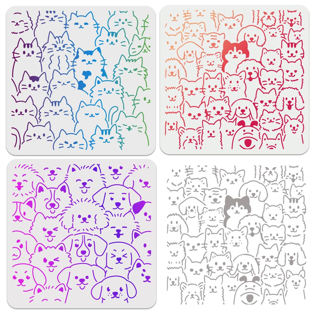 DOODLREAM 3Pcs Cute Cat Dog Stencils for Painting, Reusable Pet Animal Craft Templates, Cartoon Puppy Kitten Head Pattern Stencils for Wall Furniture Fabric Floor DIY Decoration