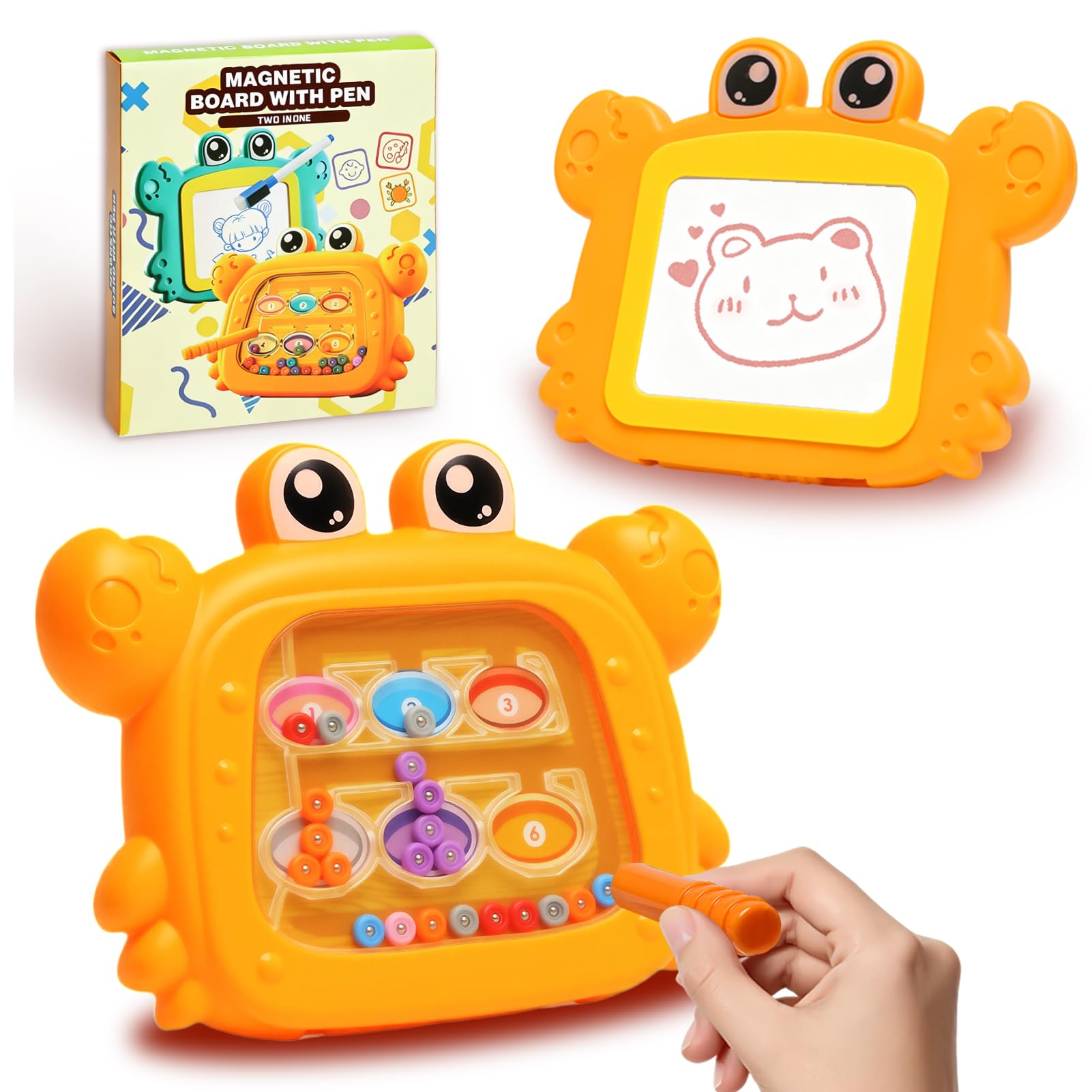 Ballery Montessori Toys for 3 4 5 Year Old Boys Girls, 2 in 1 Crab Magnetic Colour and Number Maze Drawing Board, Fine Motor Skills Educational Toy Gift (Yellow)