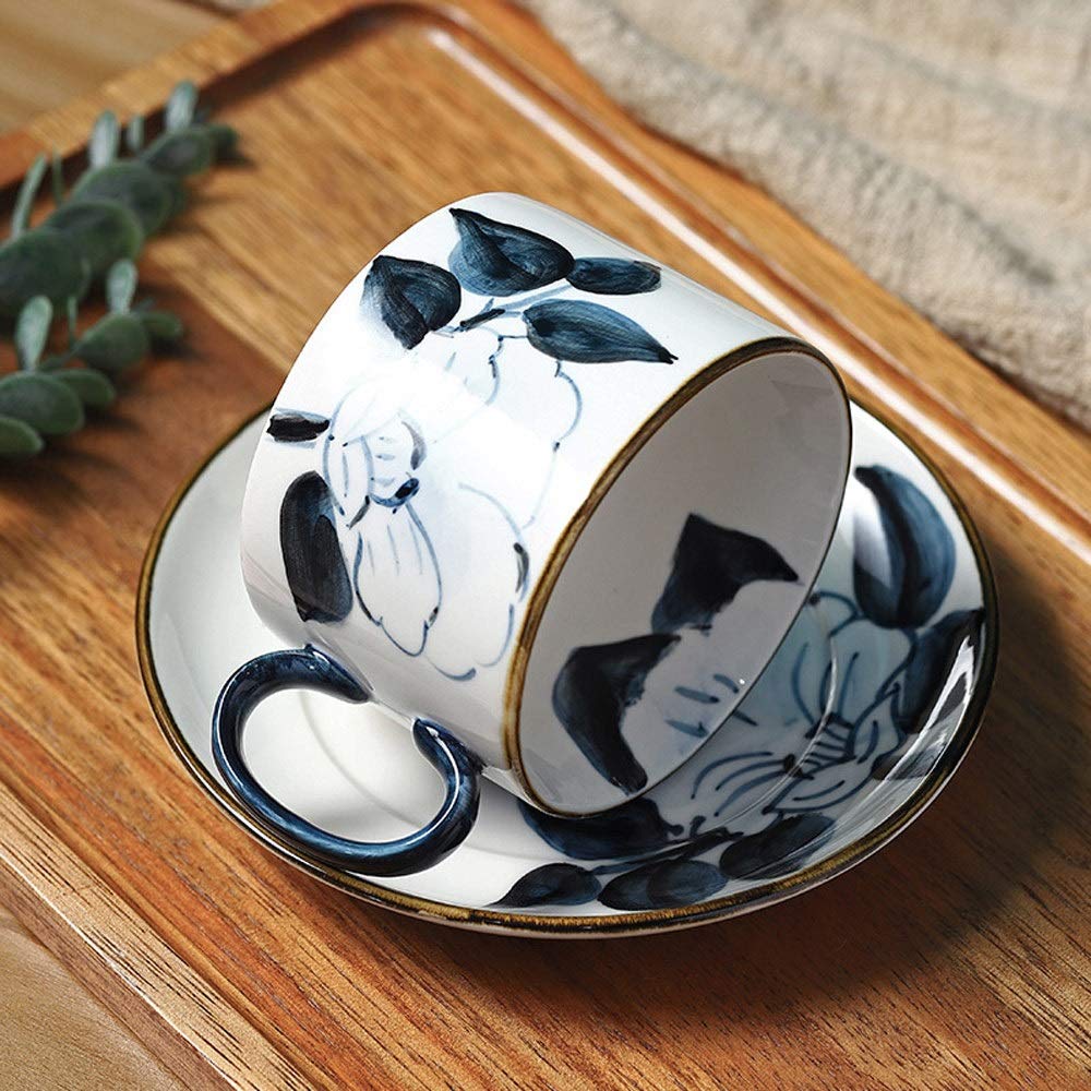 Kubek do kawy - ceramiczny zestaw filiżanek do kawy i spodków, 200 ml niebiesko-białe porcelanowe kubki do latte kubki do cappuccino z uchwytem filiżanka do herbaty para