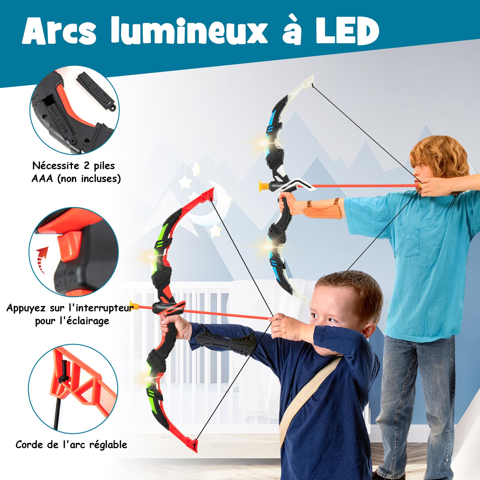 COSTWAY Arc et Flèche pour Enfants avec Lumières LED, Ensemble de Tir à l'arc avec 20 Flèches, 1 Cible Debout/Suspendue et 2 Carquois, Jeu de Tir Intérieur Extérieur pour Garçons Filles de 3 Ans+