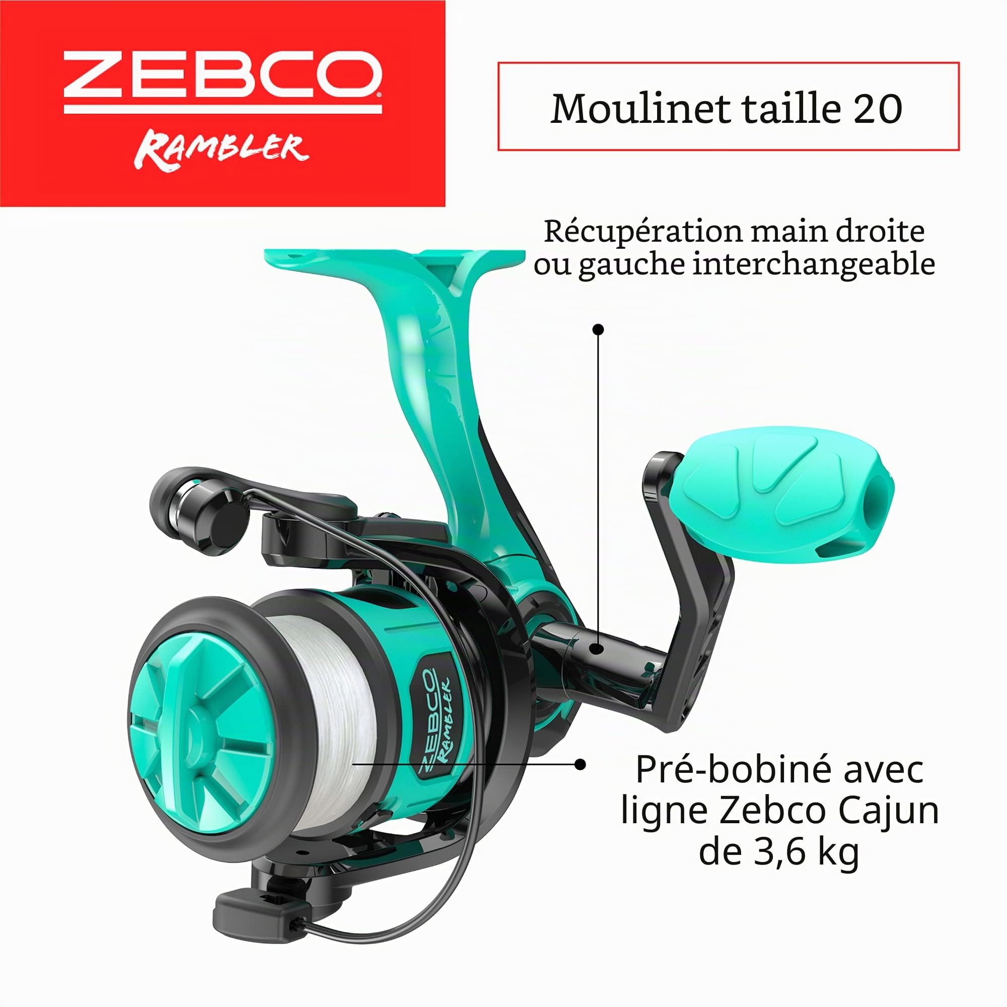 Zebco Rambler Ensemble Moulinet et Canne à pêche, Canne en Fibre de Verre Durable avec Mousqueton intégré, Moulinet breveté Anti-emmêlement, pré-enroulé avec Une Ligne de pêche Zebco 3,6 kg