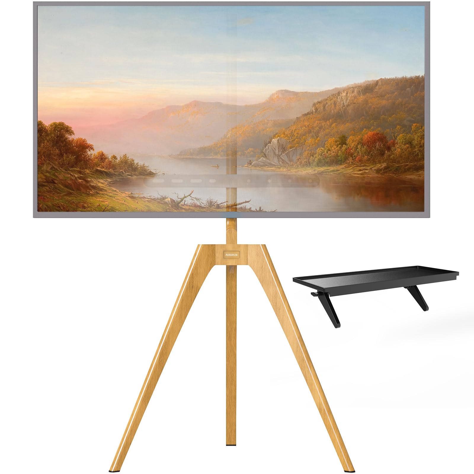 PUTORSEN Staffelei-TV-Stativ für Universal-Fernseher 114,3–165,1 cm, Massivholz, TV-Bodenhalterung mit Medien-Regal, höhenverstellbar und schwenkbar, TV-Ständer, unterstützt bis zu 88 l, max. VESA 400