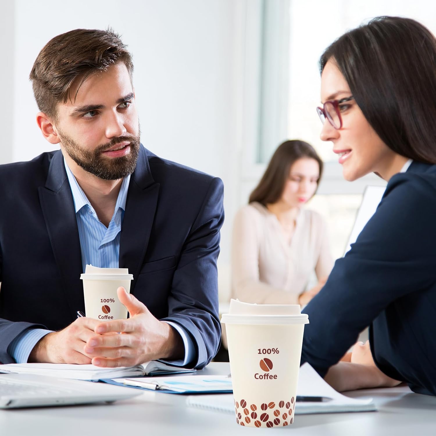 Tamone 100 PACK 12OZ Disposable Coffee Cups with Lids, To Go Coffee Cups with Lids Leak Proof, Beige Paper Cups Coffee Beans Design for Cold/Hot Coffee Beverage Chocolate Cocoa for Home Office - Image 7