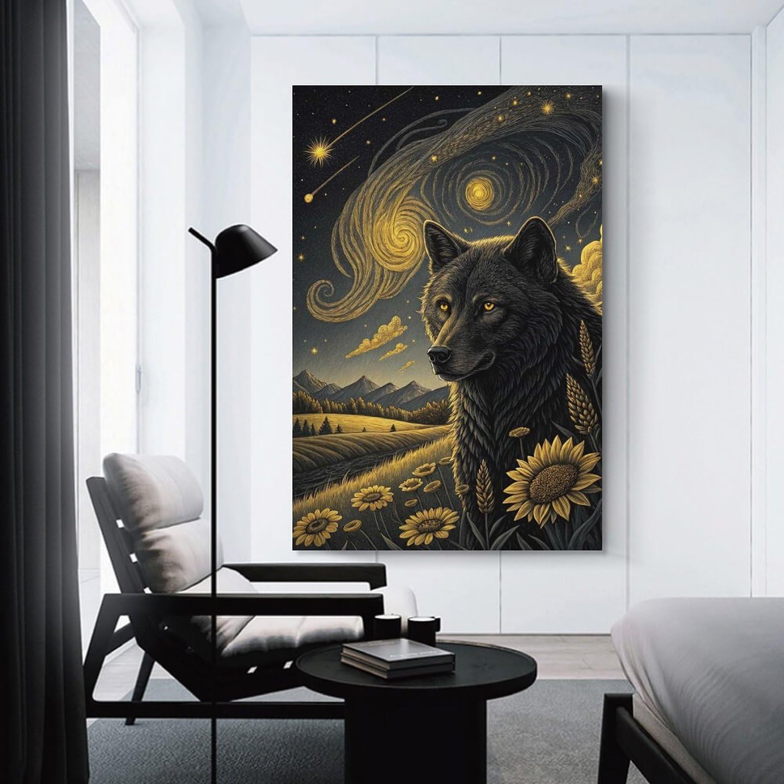 Junmoney Unframe-Style-19 Wolf Under A Starry Sky Wall Picture Print 20X30inch(50X75cm), For Calm Bedrooms, Home Corners Or Flats, Home Artwork With A Soft Interior Feel