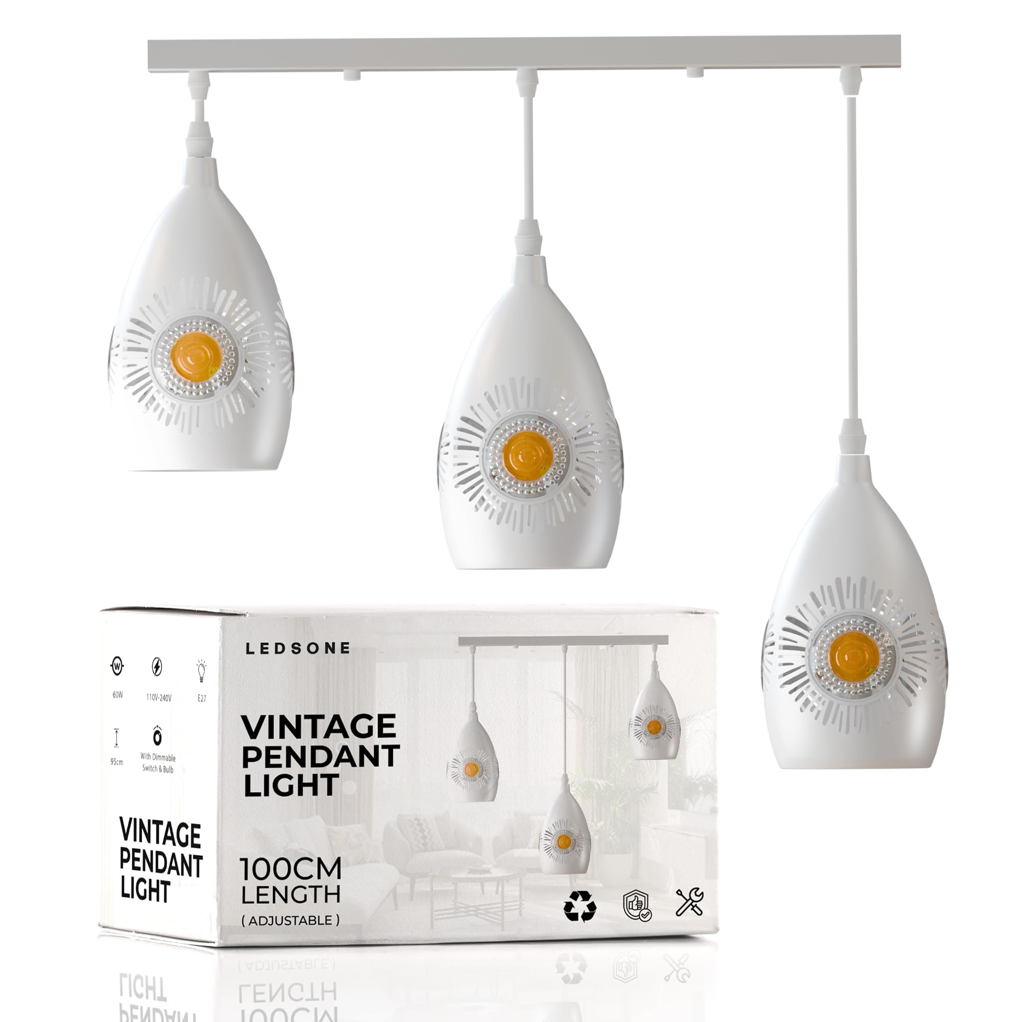 LEDSone 3-Way Industrial Pendant Ceiling Light Adjustable 95cm Hanging Lamp with White Metal Shades E27 Holders – Vintage Light Fitting for Kitchen Island, Dining Room, Bar & Café