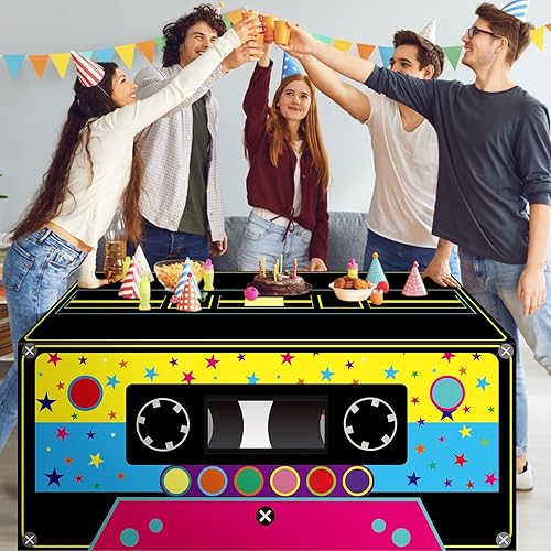Miniatura 5 de Mantel temático de 6 pies, 80 y 90, decoración de fiesta de los años 90, reproductor de cassette de radio, mantel rectangular de discoteca retro