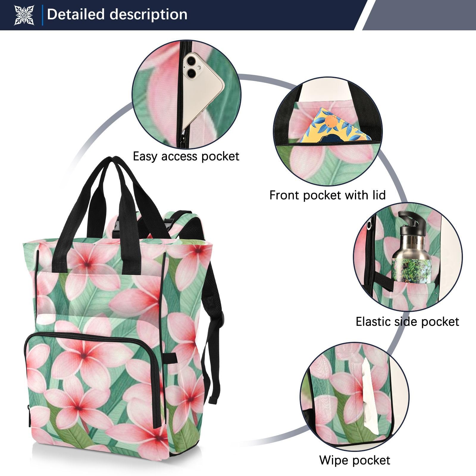 Mochila pañalera para mamás y papás, diseño de frangipani, color rosa