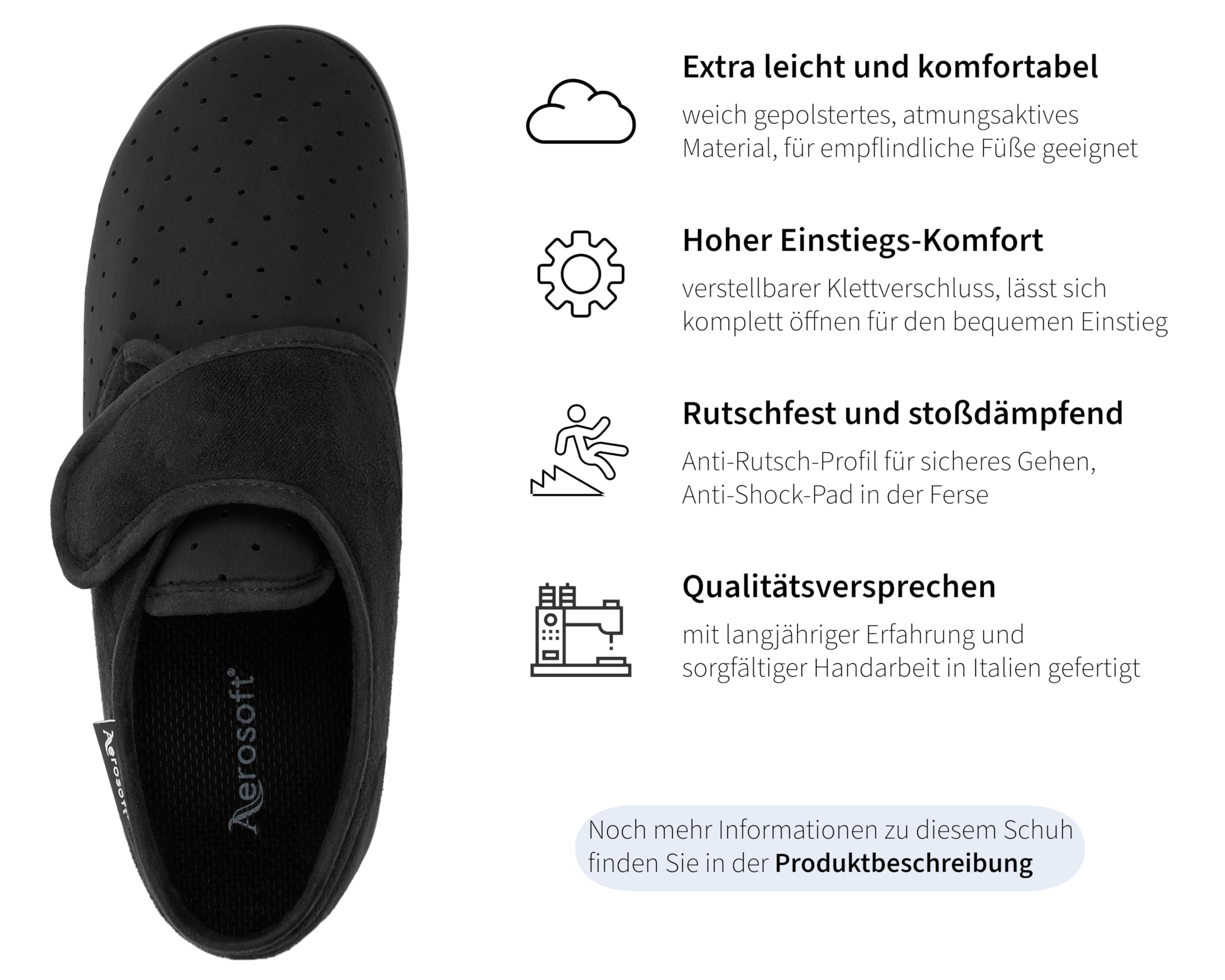 Aerosoft Stretch 10 Klett-Hausschuh Damen & Herren – leicht, Wechselfußbett, Weite G–H, rutschhemmend