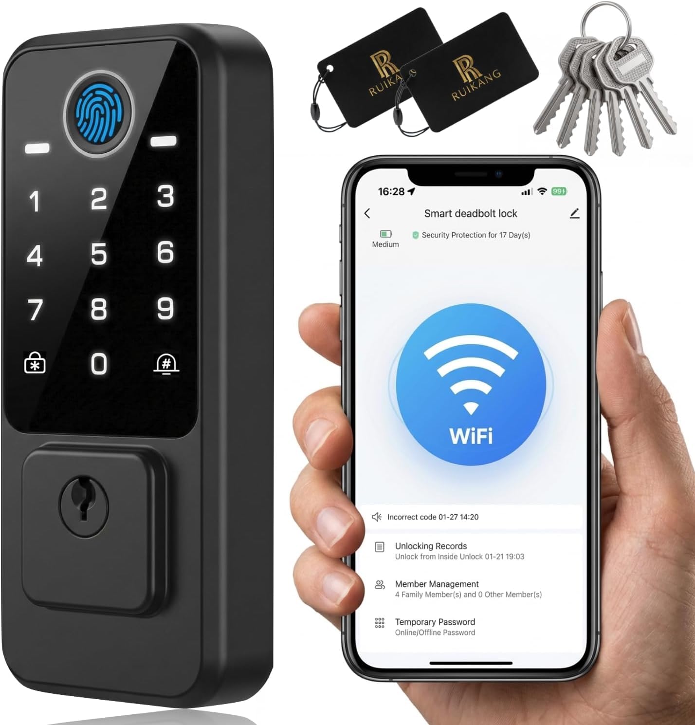 RUIKANG POWER WiFi Smart Door Lock - Keyless Entry Door Lock for Front Door, Fingerprint Door Lock with App Control, 5-in-1 Touchscreen Deadbolt with 6 Keys & 2 NFC Cards, Matte Black
