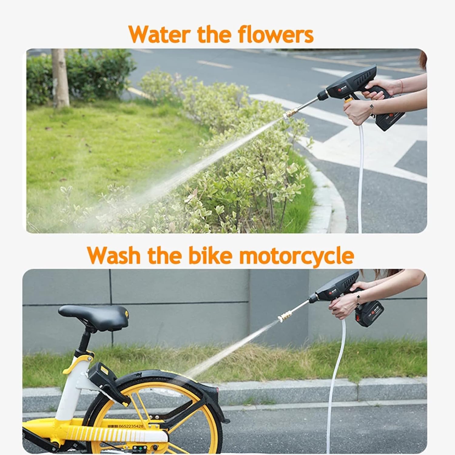 Watering flowers and washing a bicycle with the pressure washer
