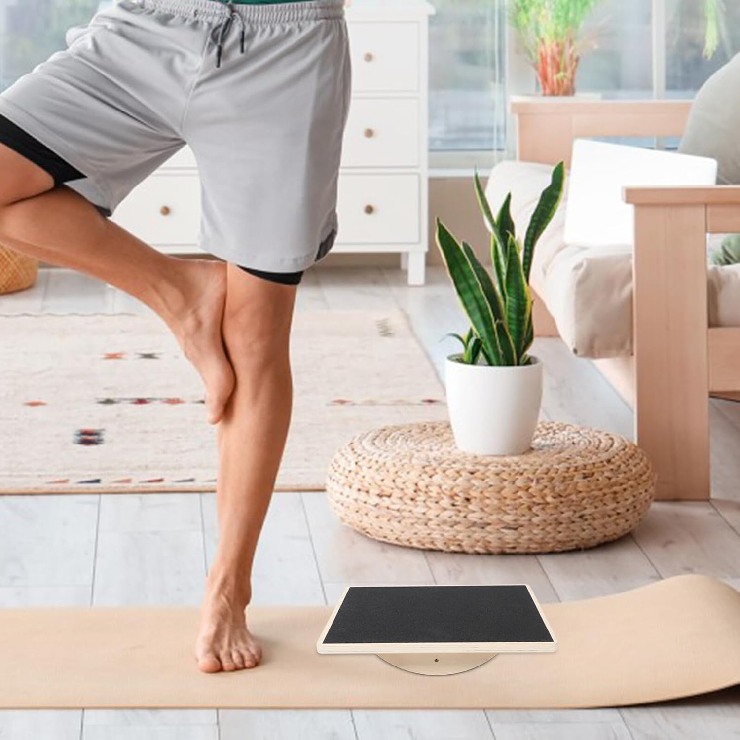 Solid Wood Rectangular Balance Trainer Board for Adults Anti-slip Yoga Fitness Wobble Board for Stability Coordination and Core Strength Exercises at Home