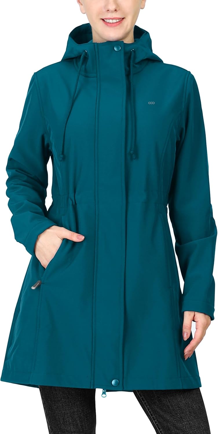 33,000ft Women's Softshell Long Jacket with Hood Fleece Lined Windproof Warm up Waterproof Windbreaker Medium Modern Blue