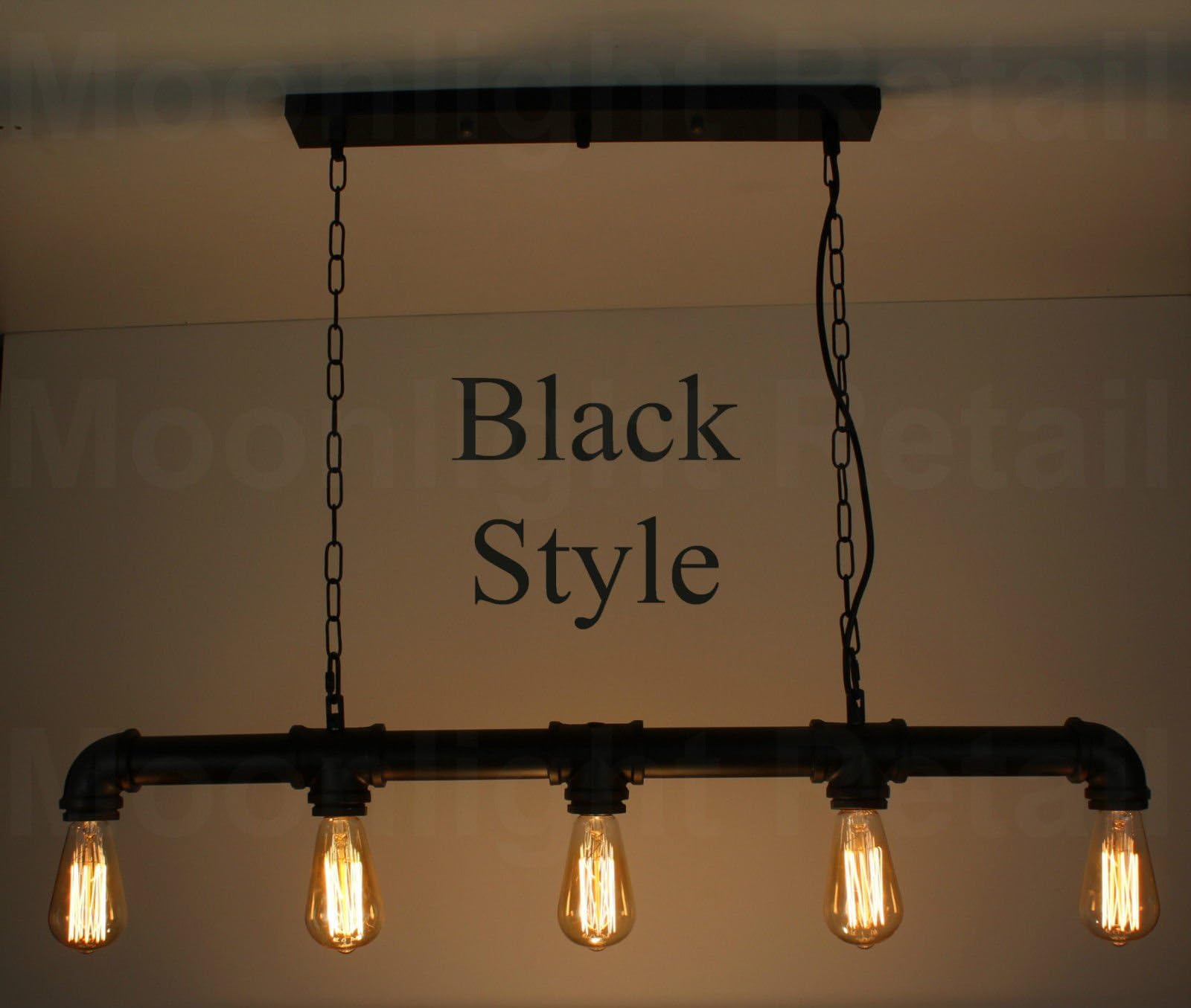 Industrial Steampunk Lighting Iron Pipe Edison Bulb Ceiling Bar Light with Chain - Black