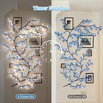 Blue Cherry Enchanted Willow Vine Lights,4FT 48 LED Cherry Blossom Lights with Remote Timer,8 Lighting Modes,LED Tree Branch Light for Wall,Cherry Blossom Wall Decor for Bedroom Living Room Windows
