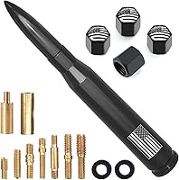 ENGIRETTE American Flag Short Bullet Antenna with Valve Caps for Chevy Silverado, Ford F-150, Ram 1500, GMC Sierra Trucks - Black