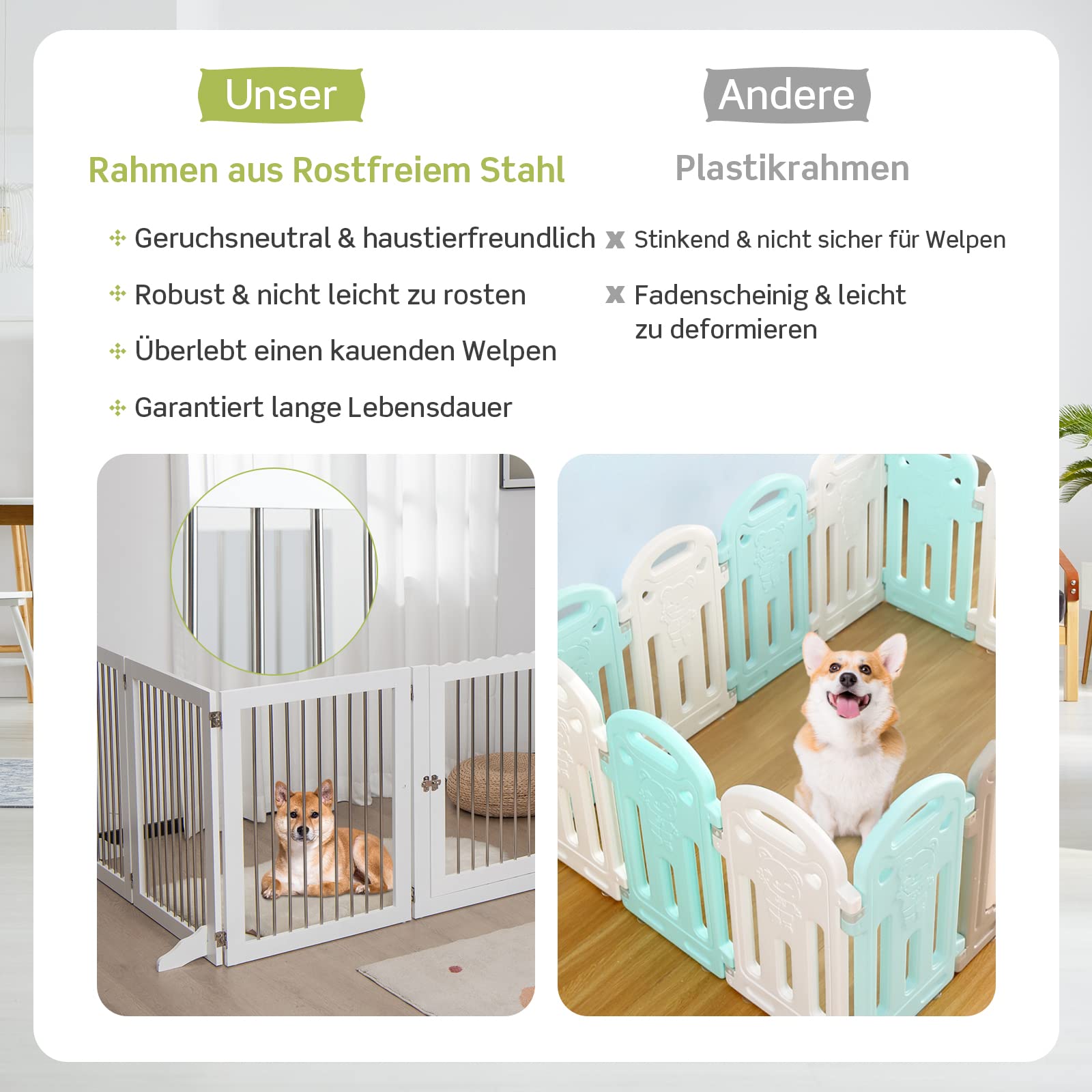 COSTWAY 6-teiliges Absperrgitter Hunde, Freistehendes Hundegitter mit Tür & 4 Stützfüßen, 80cm hoch, Klappbarer Schutzgitter, Treppengitter aus Holz und Edelstahl, für Kamin Treppe, Weiß