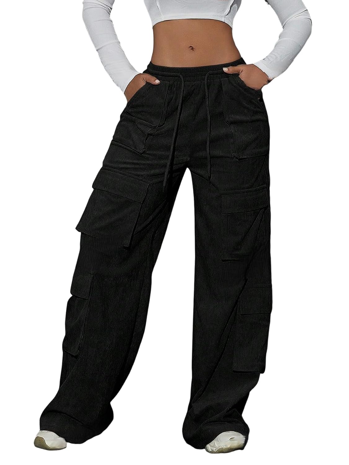 ZAFUL Womens Casual Pants Corduroy Straight Leg Lounge Pants Plain Loose Trousers Fashion Long Pants