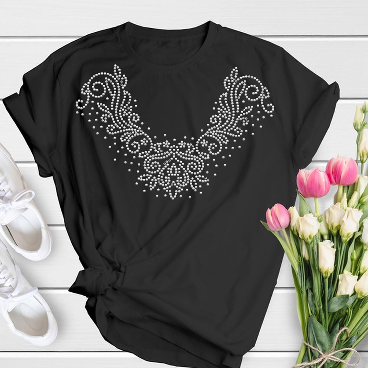 Neck Lace Rhinestone Iron on Hotfix Transfer Decal Flower Bling Heat Transfer Clear Crystal Patch Clothing Repair Applique for T-Shirts Bags Hats Pants DIY Decoration