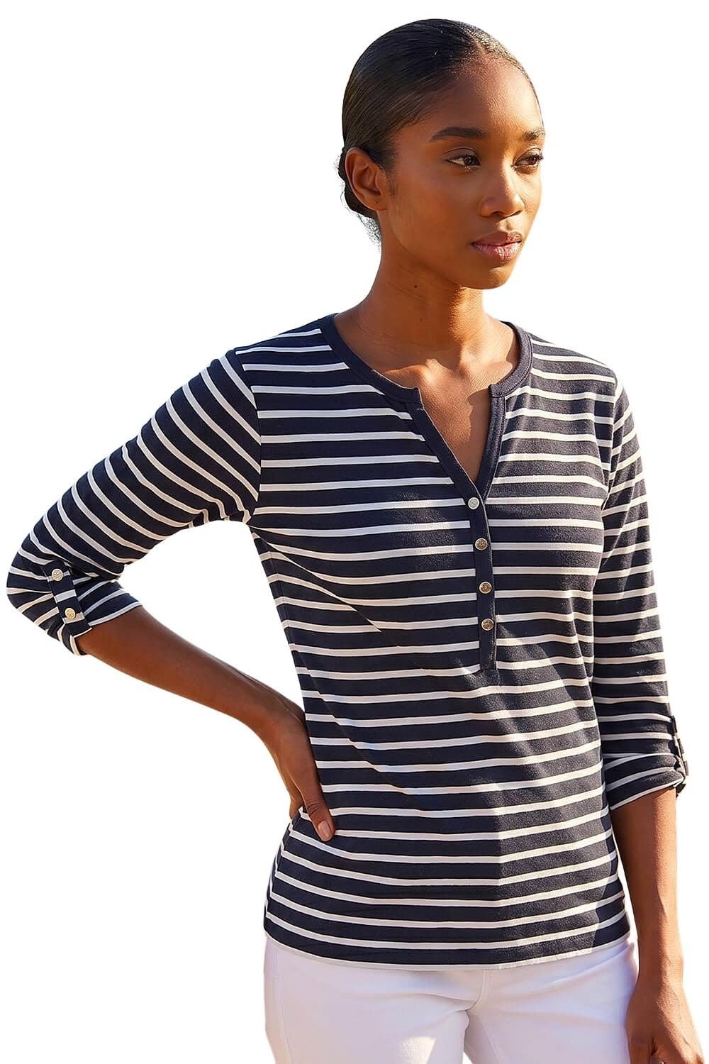 Roman Petite Women's Navy Stripe V-Neck Button Top Size 14