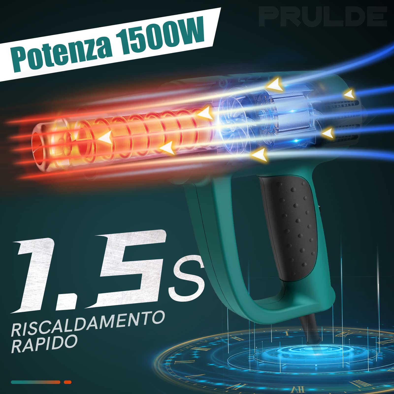 PRULDE Pistola Termica Elettrica, 2000W Pistola ad Aria Calda con Display Digitale LCD, Controllo Temperatura Variabile (50℃- 650℃) con 4 ugelli per rimozione vernice, saldatura e restringimento