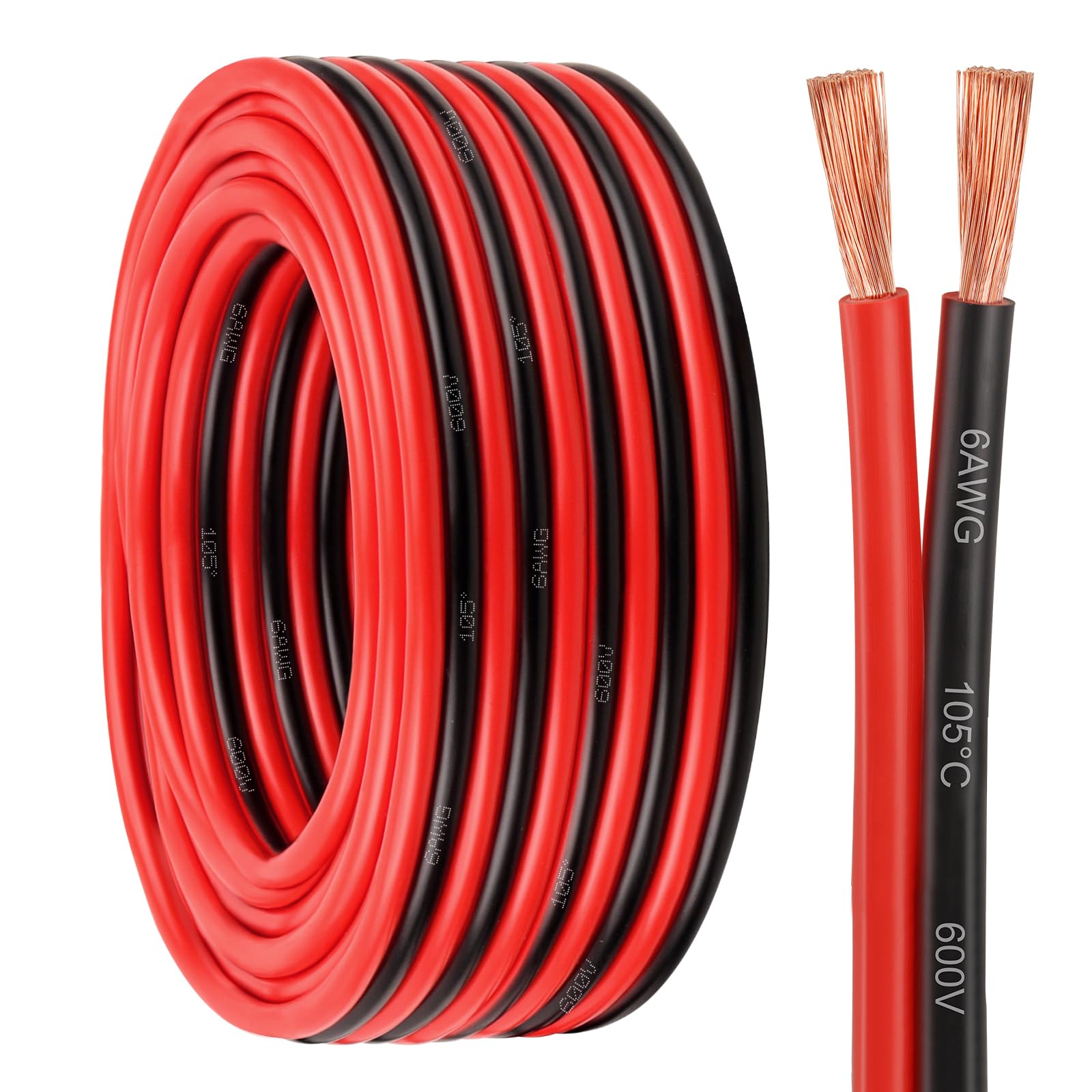 6 Gauge Wire 2 Conductors Copper Wire, 6 AWG Battery Cable Oxygen Free Copper Wire for Solar Panel, Automotive, Trailer, RV and Speaker (6 Gauge 30FT)