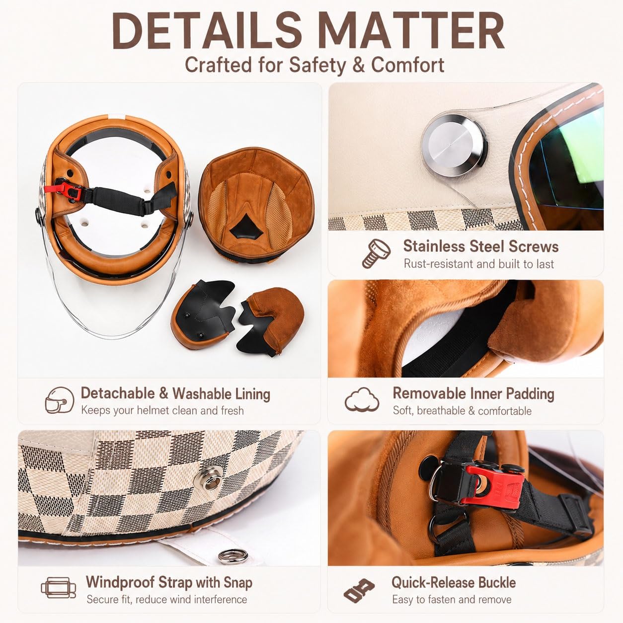 Casco Scooter Homologado ECE, Casco Moto Jet Abierto Vintage en Cuero PU con Auricular Bluetooth Gafas Integradas para Ciclomotor Custom Cruiser Adulto