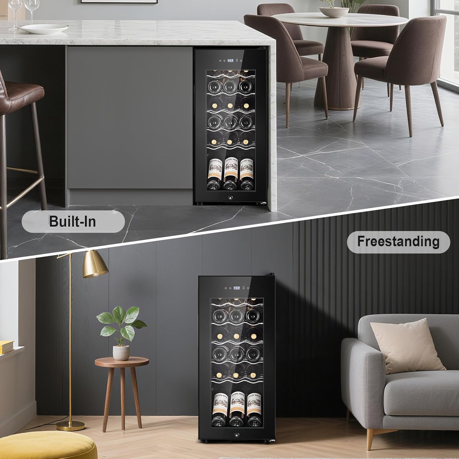Tylza 18 Bottles Wine Fridge, Wine Cellar with Powerful Compressor, LED Touchscreen, Low-E Tempered Glass Door, Lock, Wine Cooler Refrigerator for Red, White, Champagne or Sparkling Wine, Black