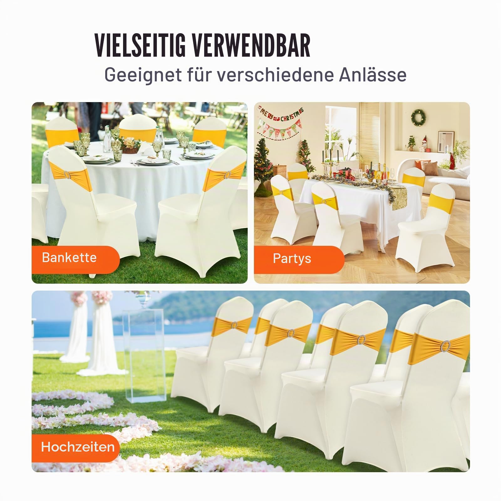 VEVOR Stuhlhussen für Klappstühle aus Elastischem Spandex, Universell Passender Stuhlbezug, Abnehmbare &Waschbare Schonbezüge, für Hochzeiten, Partys, Feiern, Essen (50 Stück, Beige)