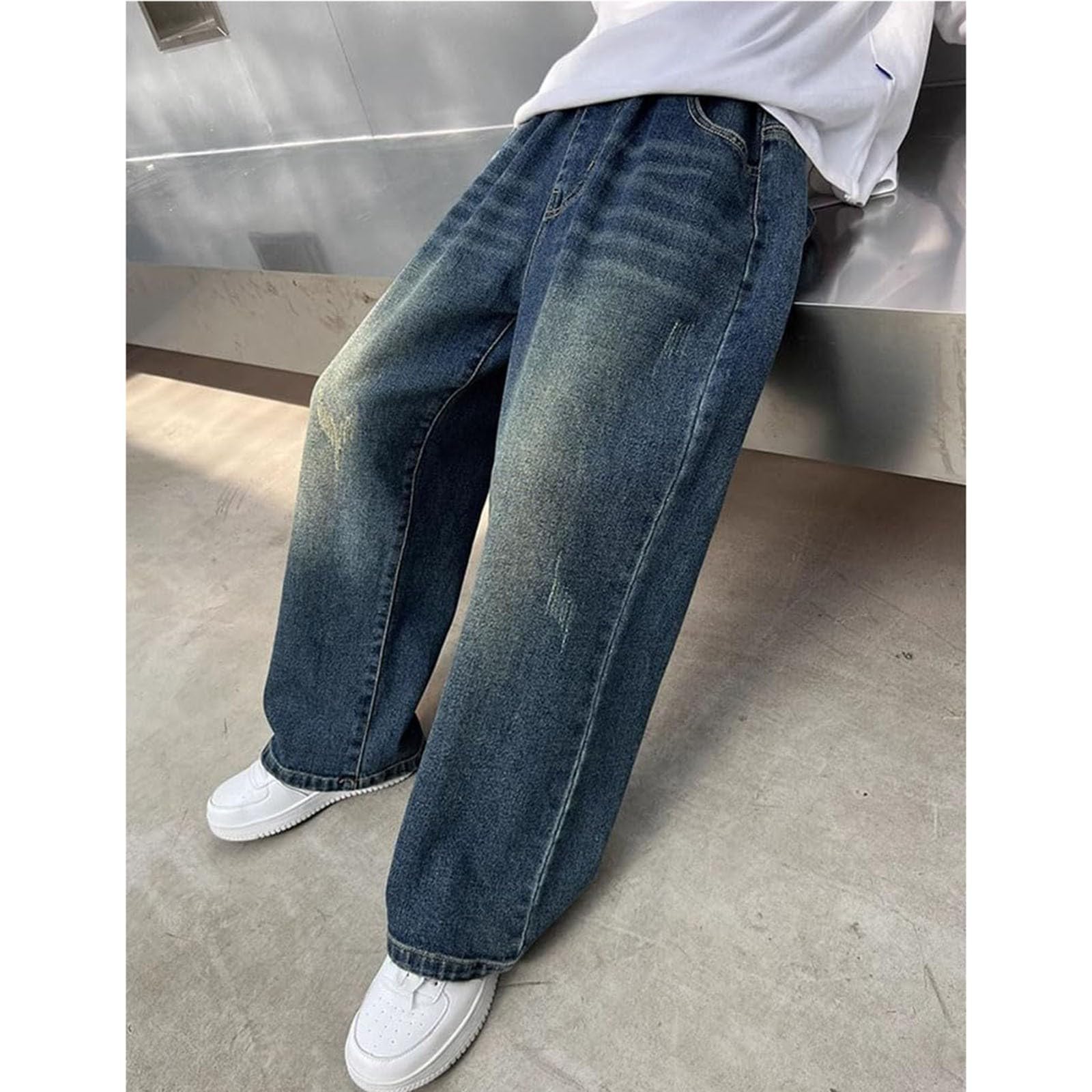 Pantalon en Jean Baggy Children Élastique Pantalons Garçon Denim Droit Coupe Ample Taille Style Urbain Hip Hop Streetwear Kids Pull-on Skinny Garcon 14 Ans Bleu Noir