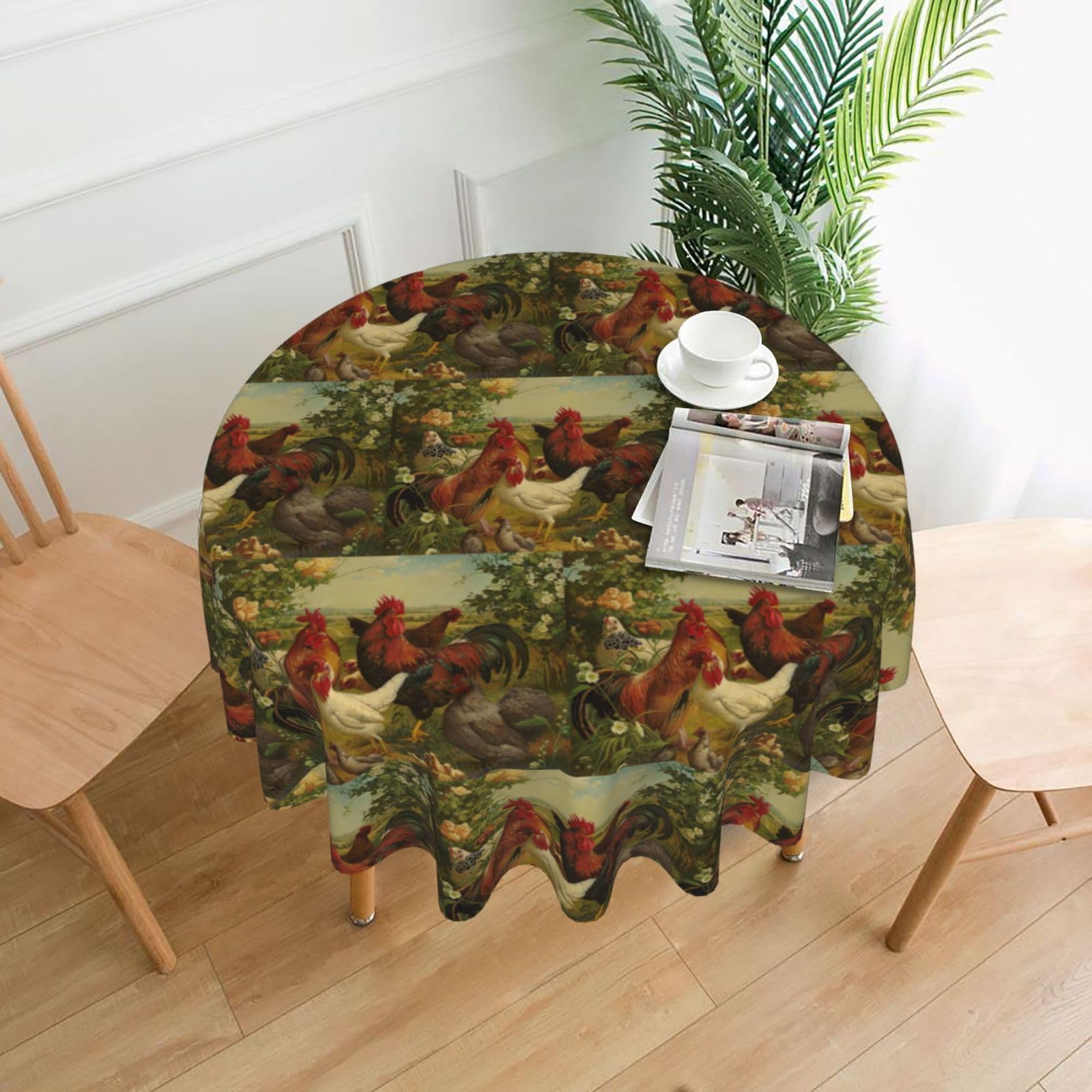 Zcmkjlg Chickens and Farm Print Quick Ship Round Tablecloth 60in Polyester Washable Cover for Dining Room