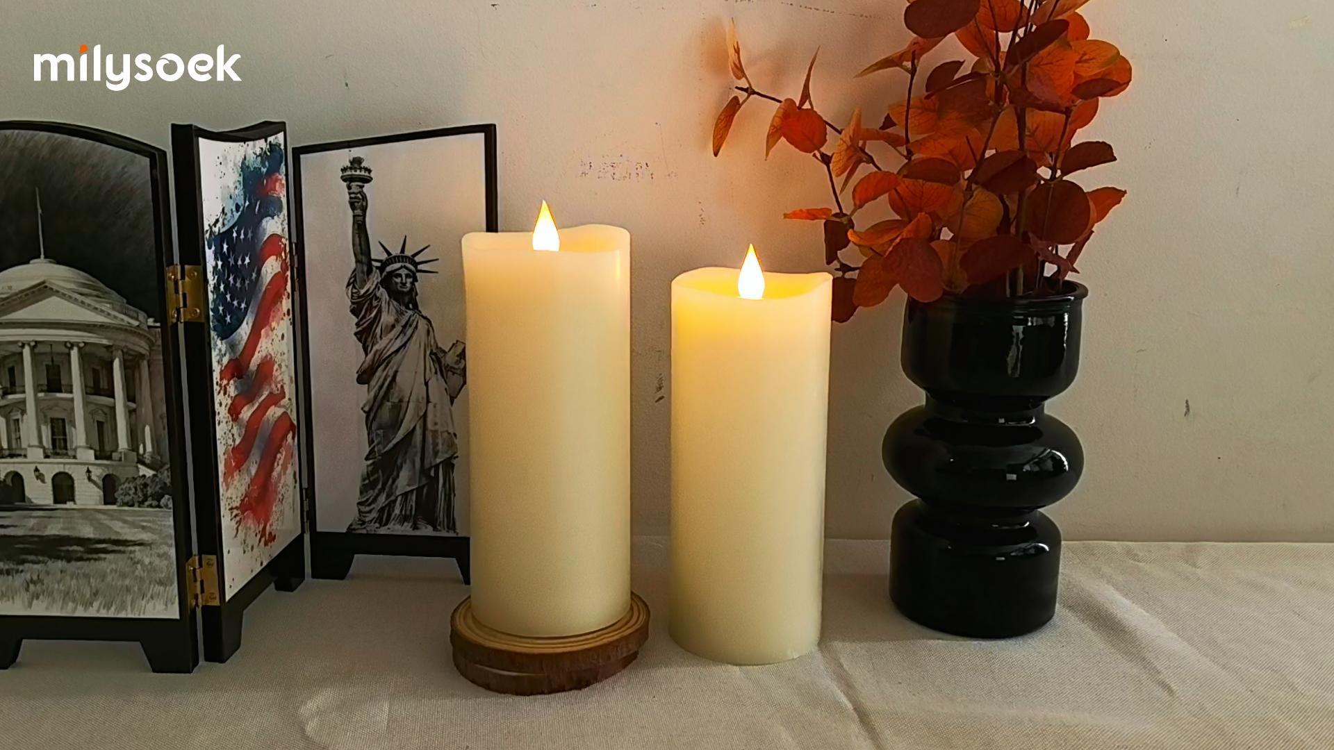 Image of 2PCS, 3 x 7 inches Flameless Candle with Remote Control, 3D Flickering Wick, Real Wax, Battery Candles,with Timer,Battery Powered Candles,for Holiday Home Decor,Ivory