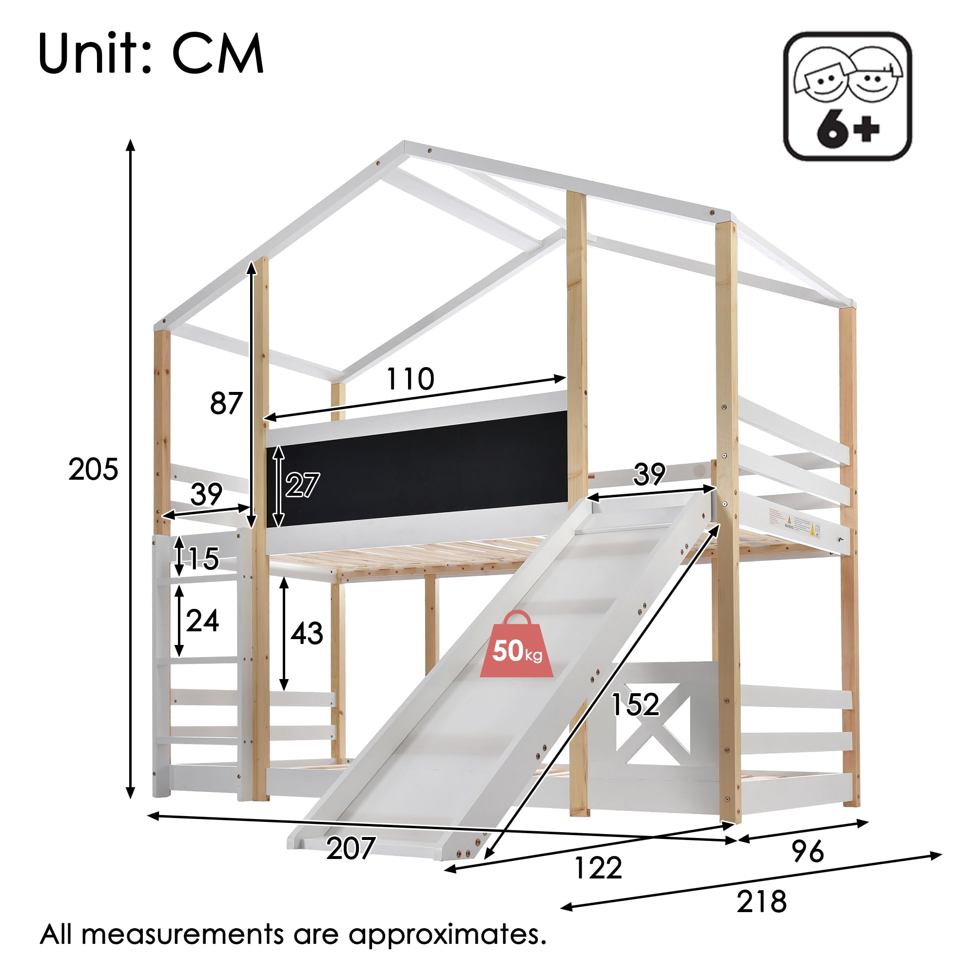 HESHU Kinderbett Etagenbett 90x200 cm, Hausbett mit Rutsche und Tafel, Hochbett für 2 Kinder, Funktionsbett Stockbett mit Lattenrost, Weiß+Natur, ohne Matratze