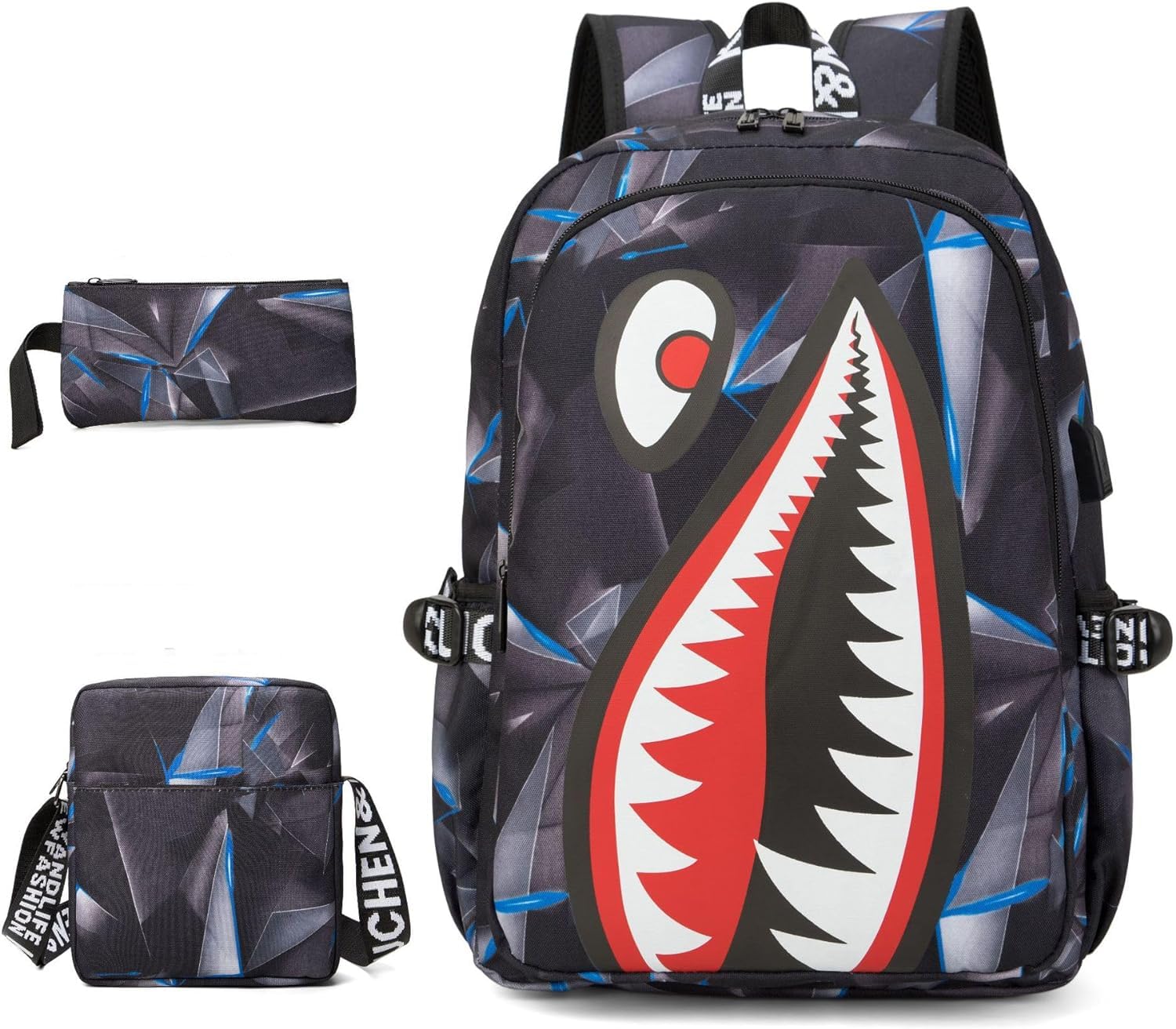 Zaino per Studenti Shark - Zaino per Stampa 3D e Cartoni Animati, Regalo con Ricarica USB e Spazio per Computer - Zaino da Viaggio per Scuola Primaria