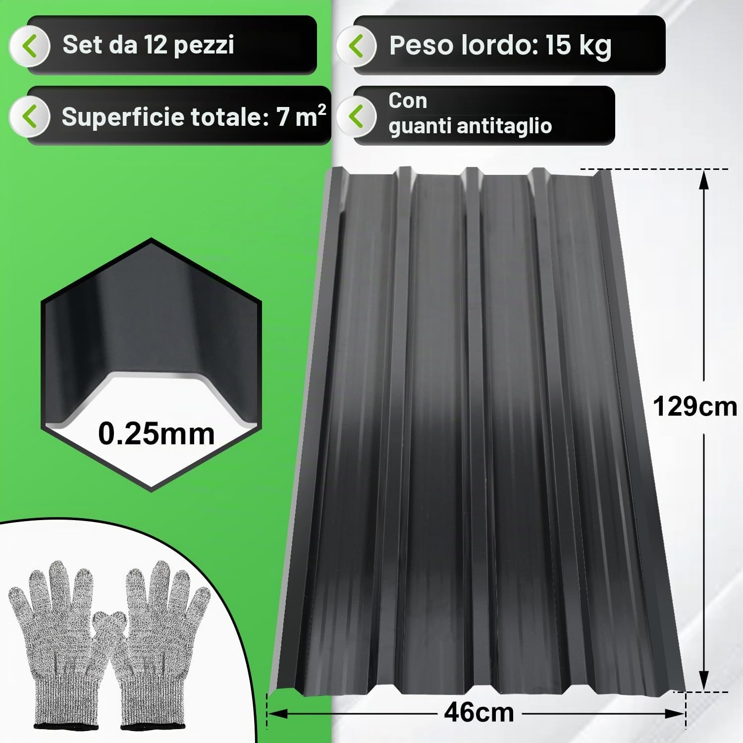 Lamiera trapezoidale, 129 cm x 46 cm, 12 pezzi, pannelli in acciaio zincato, spessore 0,25 mm, per tetti in lamiera, 7 m², antracite