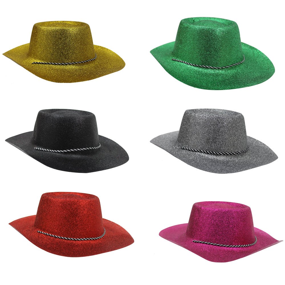LARGE BLACK COLOURED GLITTER COWBOY HATS FANCY DRESS X1 HATS