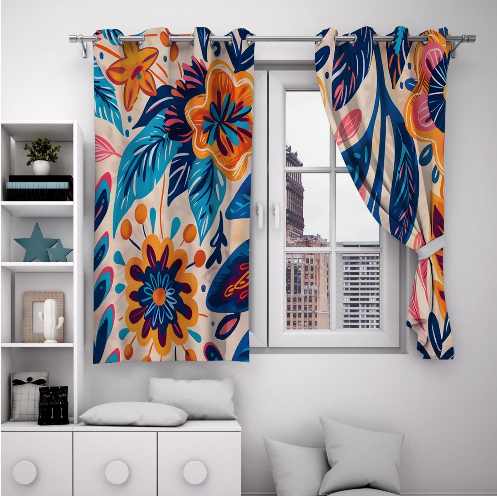 Boho-Stil Vorhänge Retro Blumen Fenstervorhänge Wärmeisolierte Vorhänge Ethnische exotische Verdunkelungsvorhänge für Schlafzimmer Wohnzimmer 2 Paneele H210xB200