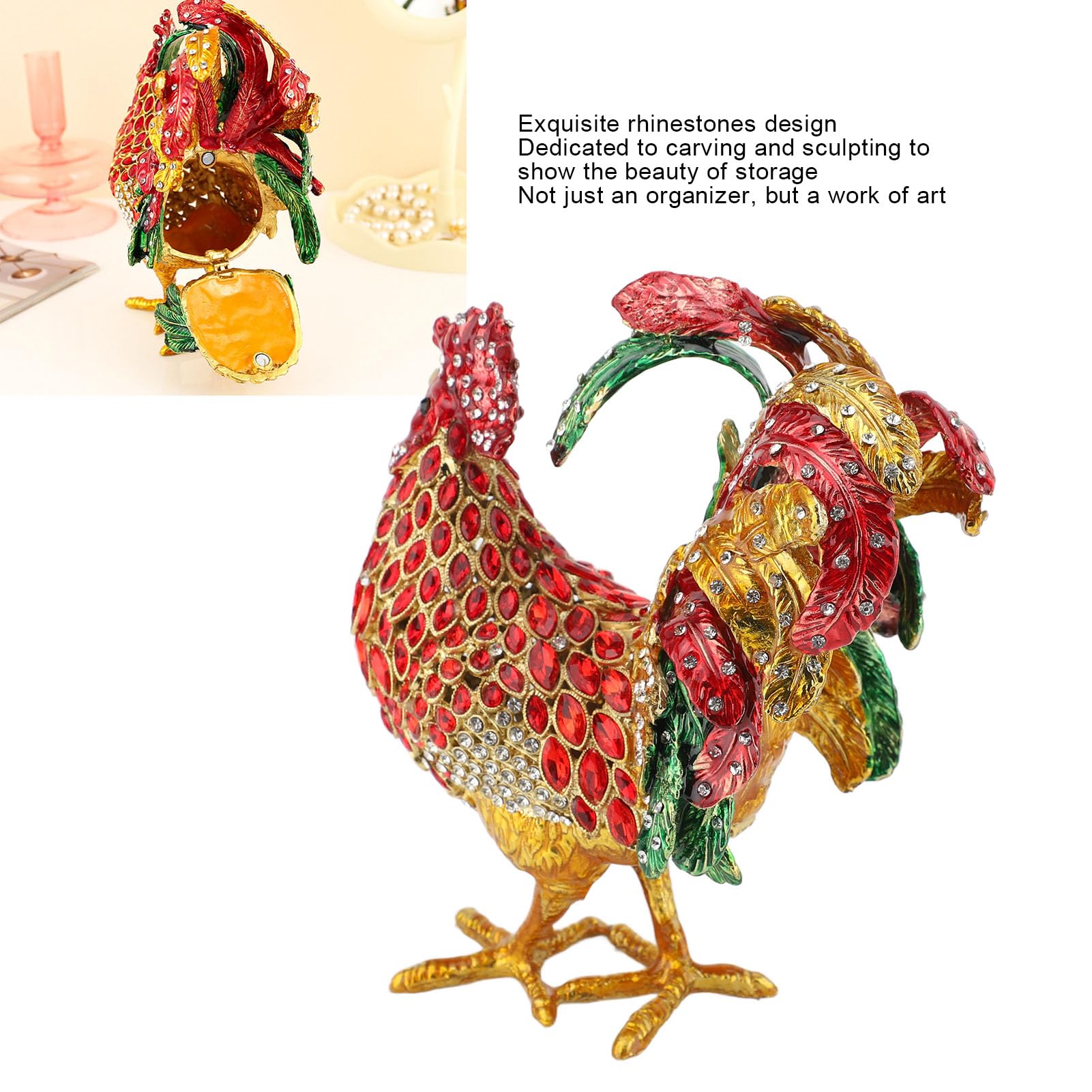 Luocute Pudełko na Ozdoby z Kogutem, Ręcznie Malowane Emaliowane Pudełko na biżuterię, Cyrkonie, Mozaikowe Wstawki, Eleganckie Pudełka na biżuterię z Dekoracjami do Domu na Urodziny,