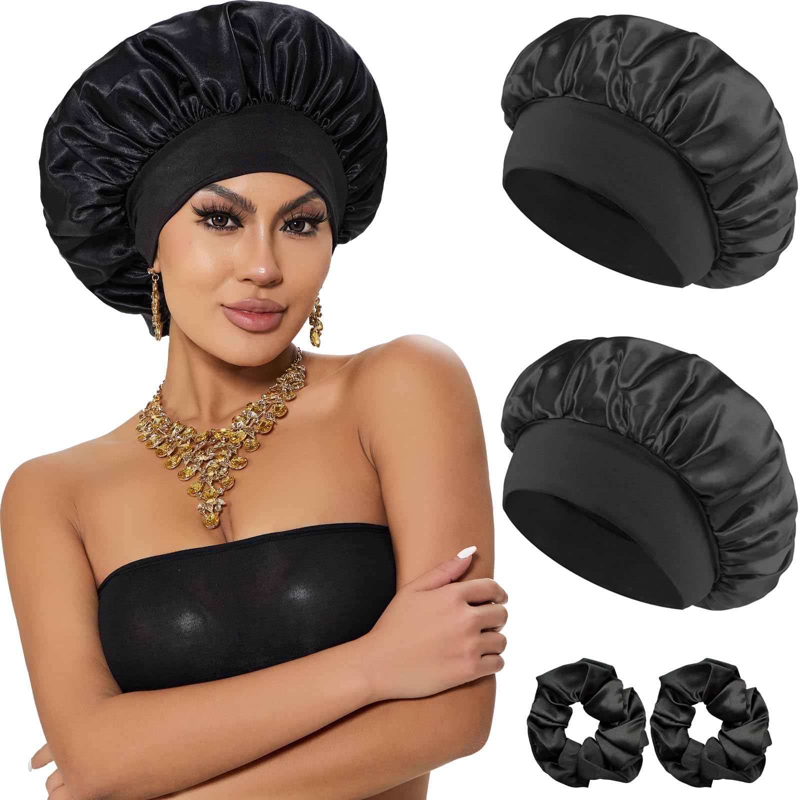 Lot De 2 Bonnets De Nuit En Satin - Pour Protéger Les Cheveux, élastique Ajustable (noir Et Rose)