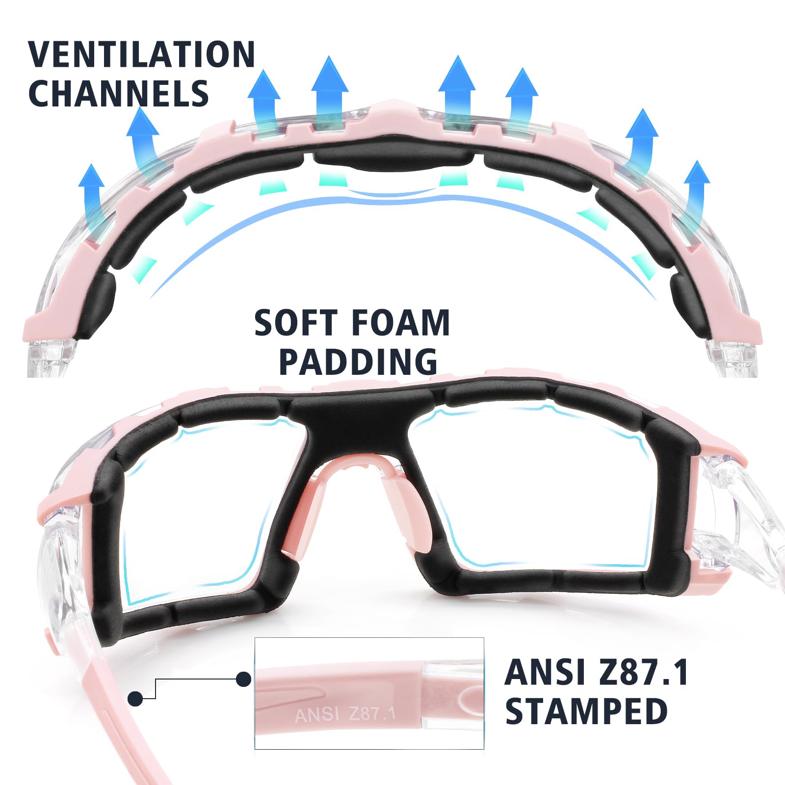 UKNOW Lunettes de sécurité – Verres enveloppants anti-buée – Joint en mousse amovible – Lunettes de protection ANSI Z87.1 – Résistant aux chocs