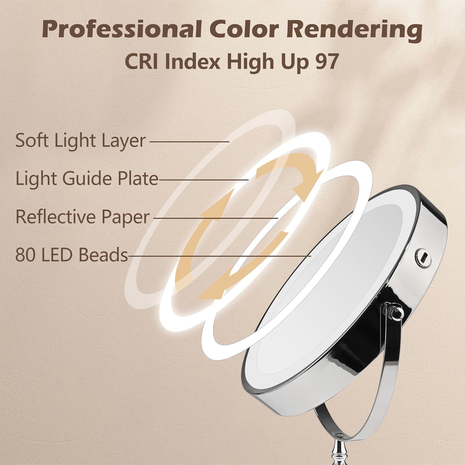 9" Large Lighted Makeup Mirror, 1X/10X Magnifying Makeup Mirror with 3 Colors Dimmable Lightning, 80 LED Lights, 360°Rotation Double Sided Standing Vanity Mirror