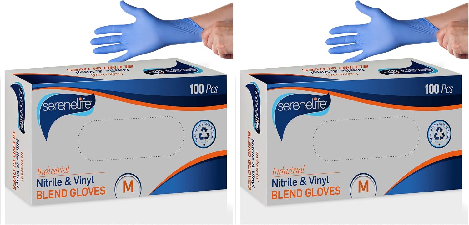 SereneLife Nitrile Disposable Soft Industrial and Vinyl Blend Powder & Latex-Free Protective Gloves, Soft & Comfortable, Size Small, Sky Blue, 100 Count