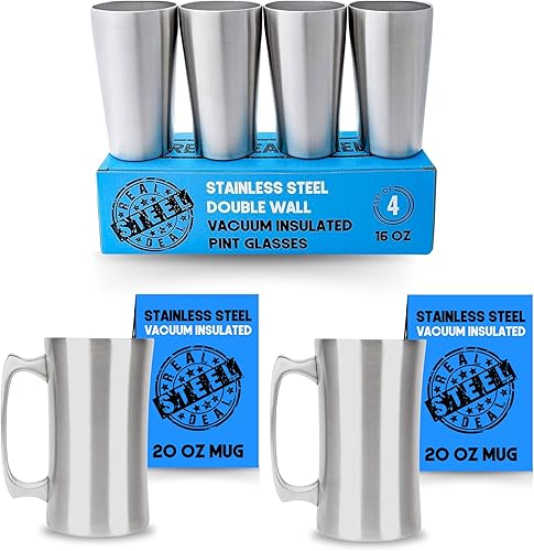 Real Deal Steel Paquete para amantes de la cerveza 4 vasos de cerveza de acero inoxidable aislados al vacío de 16 onzas y 2 tazas de acero