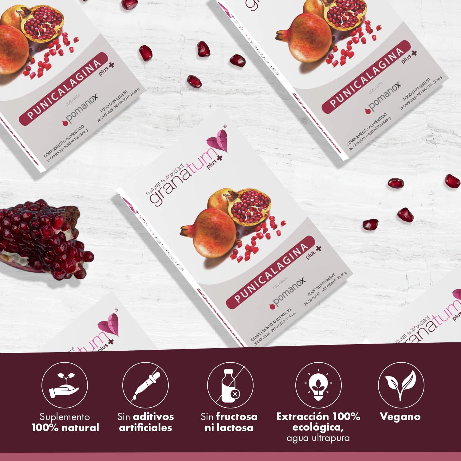 Granatum Plus - Punicalagina Plus - Complemento Alimenticio - Extraído de Granadas - Suplemento Antioxidante - Digestión y Metabolismo - Cuidado de Piel - Producido en España (3 Cajas de 28 cápsulas)