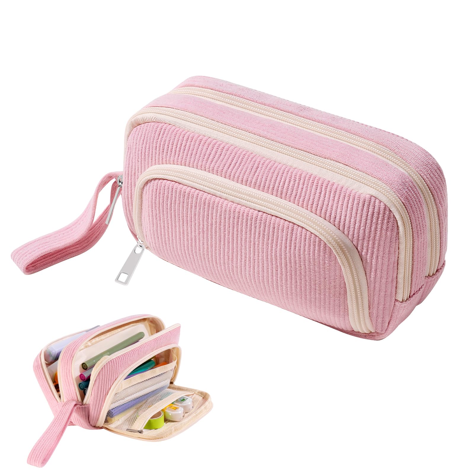 Byitin Large Pencil Case for Girls and Kids, Cute Pink Pencil Cases with Multi Compartments, Big Capacity Stationery Organizer Pouch for School & Office Supplies, Zipper Storage for Women