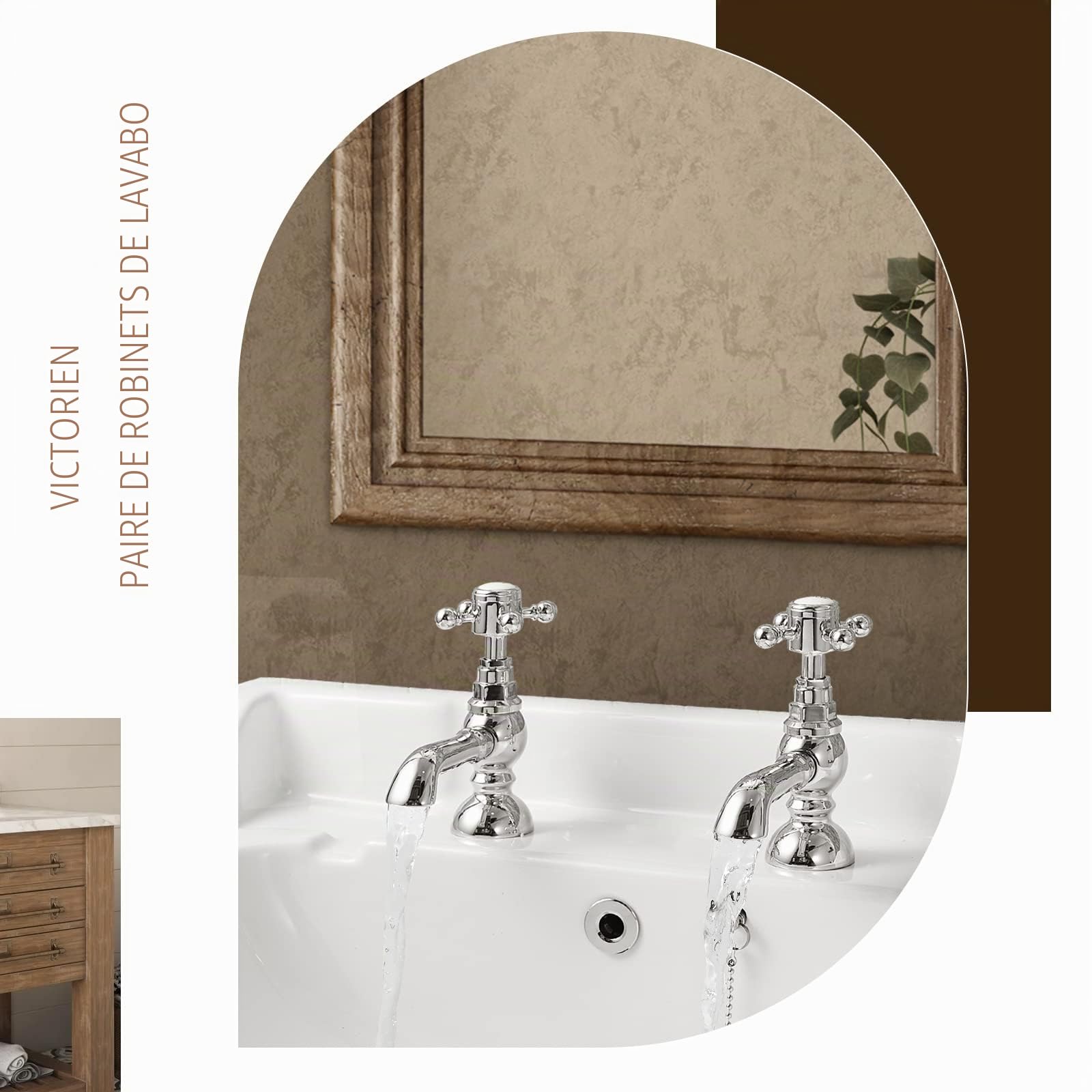 Wasserrhythm Paire de robinets de lavabo cascade Victoria Traditionnels Robinets d'évier de salle de bain en paire classique à levier croisé en laiton chromé