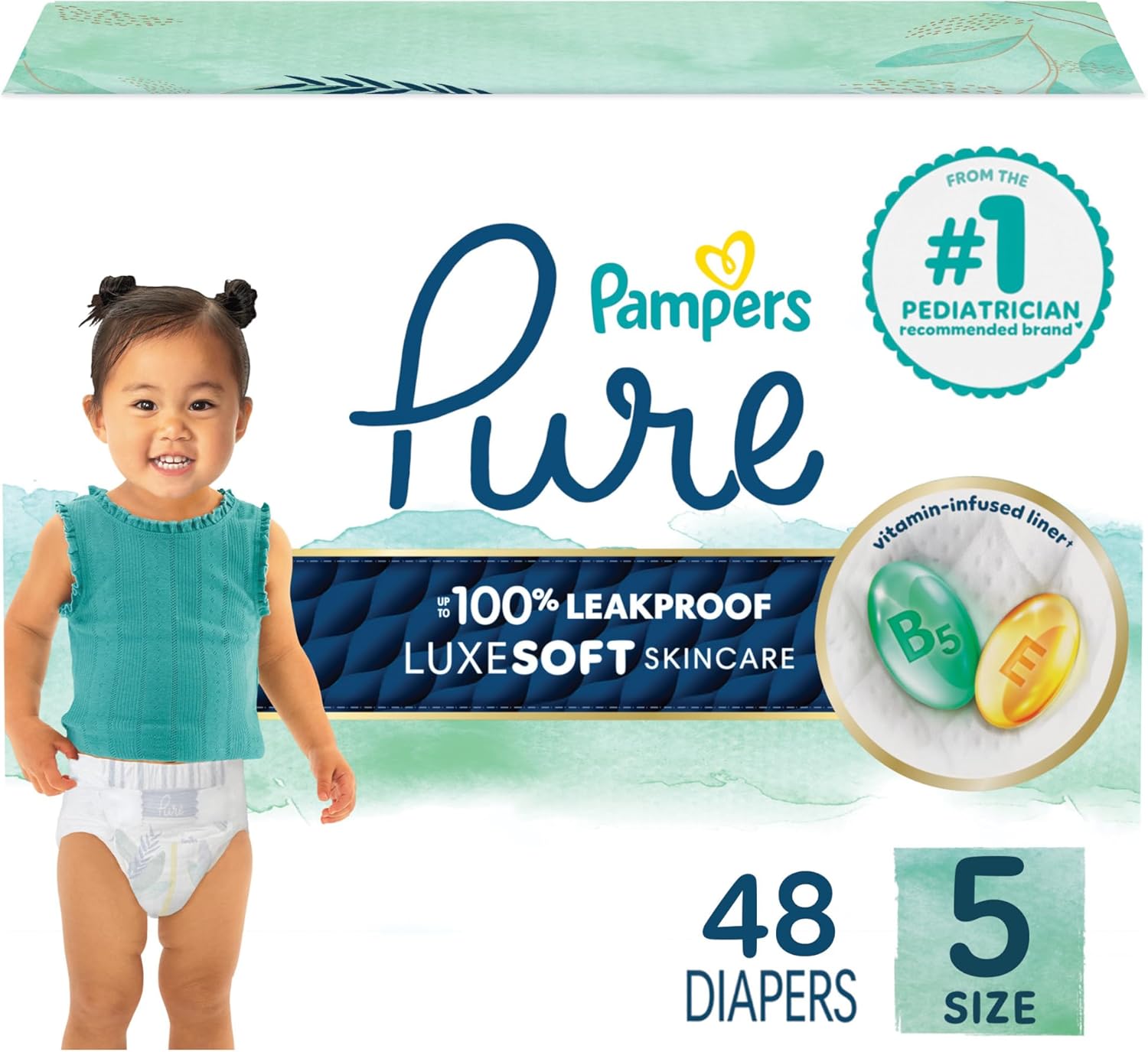 pampers pure protection baby diapers, size 5 (27+ lbs), 48 count, up to 100% leakproof, premium plant-based skin protection, hypoallergenic soft diapers size 5 48
