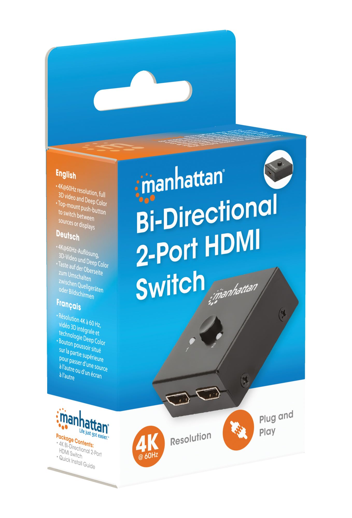 Manhattan 207850 4K bi-direktionaler 2-Port HDMI-Splitter/Switch "4K 30Hz", manuelle Auswahl, passiv Schwarz