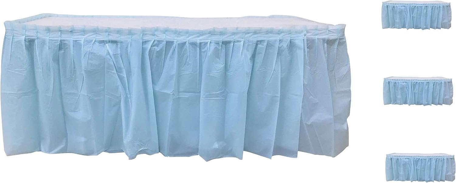 Oojami Plastic Table Skirt 4 Pack for Rectangle Tables 8ft – Disposable, Durable Party Decor with Adhesive Strip for Baby Shower, Birthday, Carnival, Gender Reveal – Light Blue